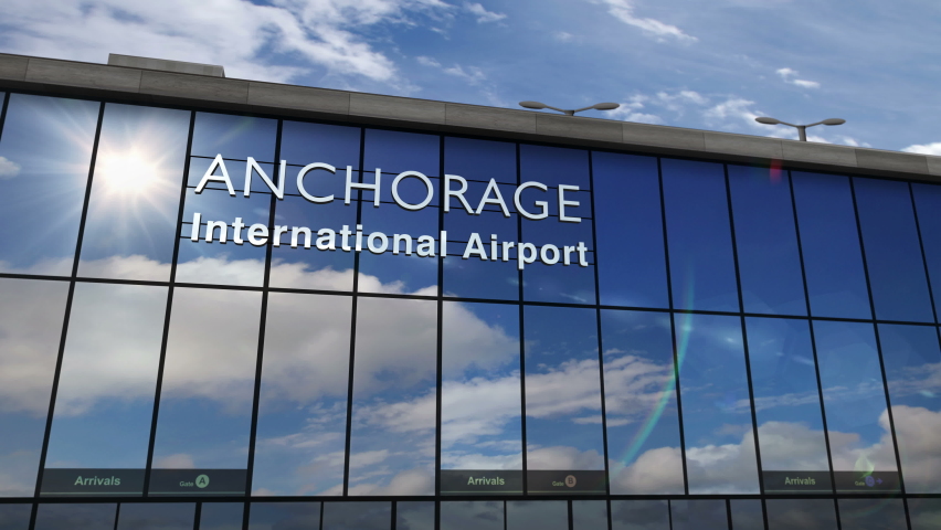 Jet aircraft landing at Anchorage, Alaska, USA 3D rendering animation. Arrival in the city with the glass airport terminal and reflection of the plane. Travel, tourism and transport concept.