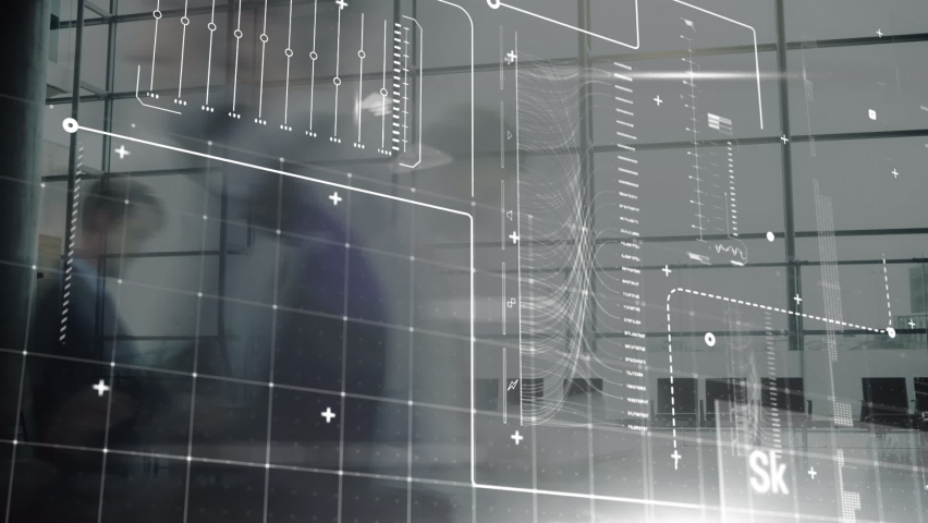 Animation of digital interface with icons and data processing. Global computer network technology concept digitally generated image.
