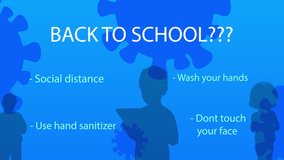 Animation of coronavirus cells with Back To School??? text and children silhouettes over blue background. Global coronavirus Covid 19 pandemic education concept digitally generated image. - Powered by Shutterstock - Get 15% off with code: PIKWIZARD15