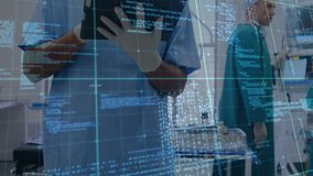 Digital animation of data processing over grid lines against male medical professional using digital tablet and male and female surgeon discussing in hospital. medicine research science concept - Powered by Shutterstock - Get 15% off with code: PIKWIZARD15