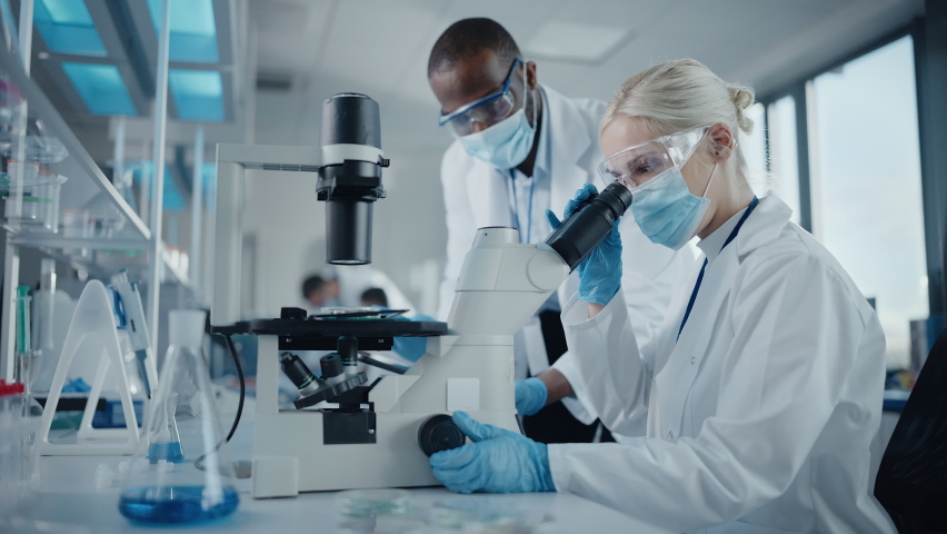 Modern Medical Research Laboratory: Two Scientists Wearing Face Masks Working Together Using Microscope, Analysing Samples, Talking. Advanced Scientific Lab for Medicine, Biotechnology. Side View Shot Royalty-Free Stock Footage #1063037728