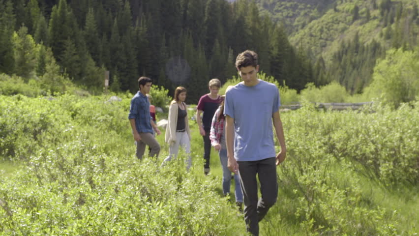 Handheld Shot Of Teens Walking Through Beautiful Mountain Meadow Toward Camera (Slow Motion)
