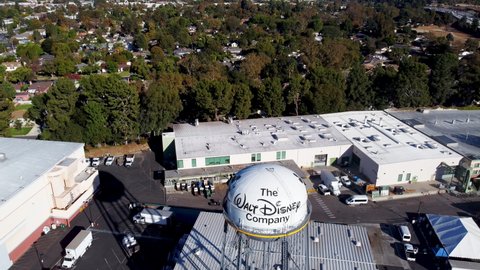 Burbank, CA USA November 27, 2020 : Disney Lot Drone Shot featuring water tower, Production Starting after Pandemic