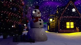 Landscape of a snowy Christmas night. Fairy house decorated with festive lights string. Animation 3d scene snowy christmas. Aurora northern lights in Norway.  - Powered by Shutterstock - Get 15% off with code: PIKWIZARD15