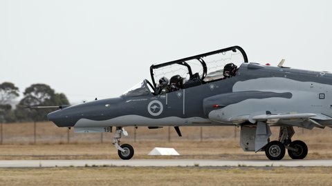 Avalon, Australia - March 3, 2019: Royal Australian Air Force BAE Hawk jet aircraft used for advanced pilot training taxiing at Avalon Airport.