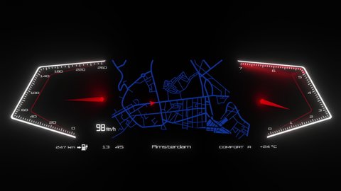 Car interface. Digital GPS navigation. Holographic virtual interface.