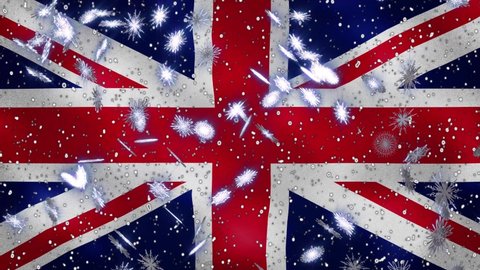 United Kingdom waving flag and snowfall cyclic background for Christmas and New Year, loopable