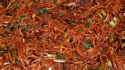 Korean food : Kimchi seasoning. It is the process of making kimchi seasoning. Mix together the ingredients for the kimchi.