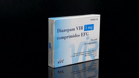 Huelva, Spain - November 26, 2020: Spanish Box of Diazepam brand VIR. Diazepam, first marketed as Valium, is a medicine of the benzodiazepine family that typically produces a calming effect.
