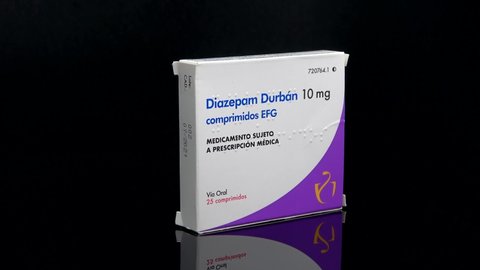Huelva, Spain - November 26, 2020: Spanish Box of Diazepam brand Durban. Diazepam, first marketed as Valium, is a medicine of the benzodiazepine family that typically produces a calming effect.