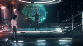 Brain Scan Interface: Scientists and Engineers work on 3D Simulated Neural Brain Interface as Artificial Intelligence Concept in Modern Research Facility using Augmented Holographic Technology.  - Powered by Shutterstock - Get 15% off with code: PIKWIZARD15