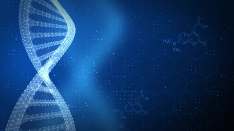Abstract glittering DNA double helix with depth of field Loop Science animation 4k Hud 3D. Genom futuristic genetics information science, medicine, cosmetics, visuals Medical Presentation.