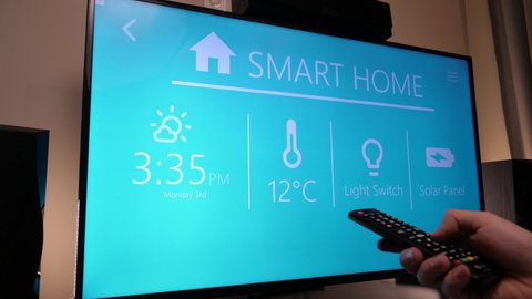 Smart home display being showed on a smart TV in the living room. Many options are displayed on the screen.