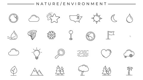 Black-white animated icons on the theme of Nature and Environment.
