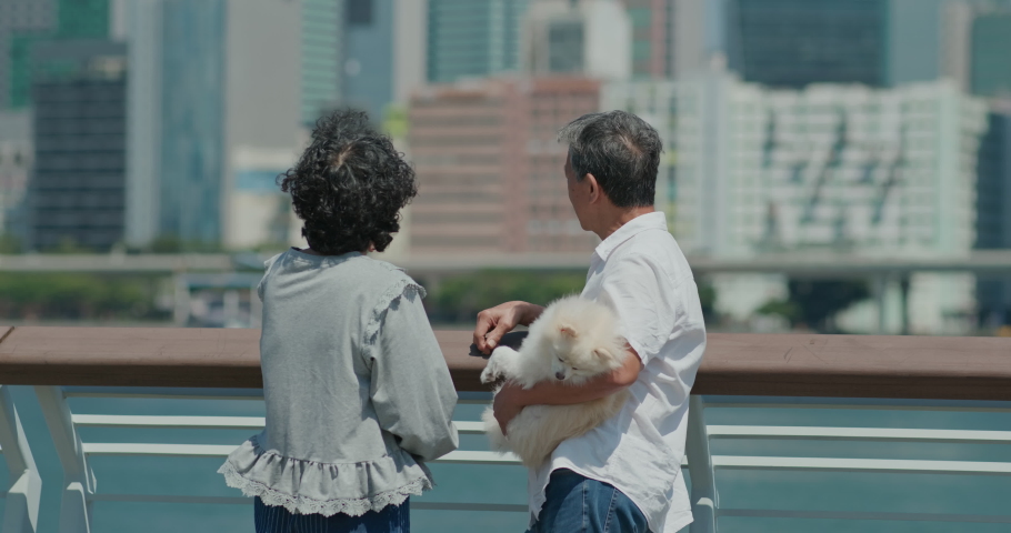 Old couple with dog look at the sea
