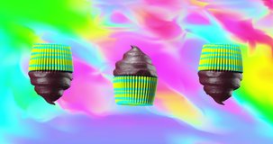 Minimal animation design. 3d creative chocolate muffin cake on gradient space. Fashion Fast food concept art. 4k video