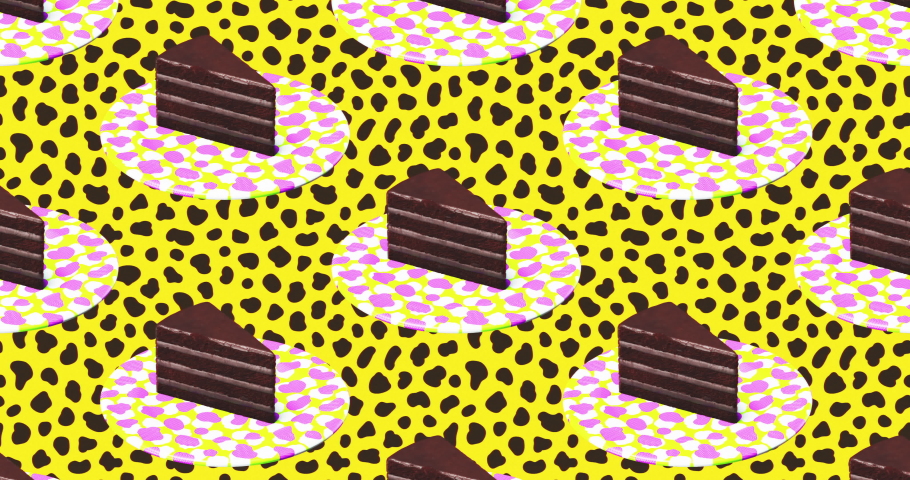 Minimal animation design. 3d creative chocolate cake on animal pattern space. Fashion Fast food concept art. 4k video