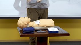 Medical doll for training students. Concept of medical education and practice. Video from medical courses.