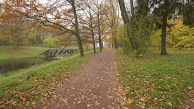 Walking on the path in Catherine Park in autumn, Tsarskoye Selo, Old garden, St. Petersburg, Russia.