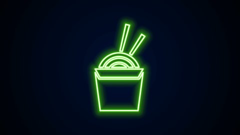 Glowing neon line Asian noodles in paper box and chopsticks icon isolated on black background. Street fast food. Korean, Japanese, Chinese food. 4K Video motion graphic animation.