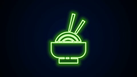 Glowing neon line Asian noodles in bowl and chopsticks icon isolated on black background. Street fast food. Korean, Japanese, Chinese food. 4K Video motion graphic animation.