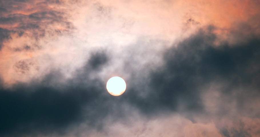 Time-lapse Sunset Sun Behind Dark Gray Clouds Moving Fast. Round Solar Disk. Strong Wind Weather Climate Evening Dusk. Grey Sky | Shutterstock HD Video #1063083301