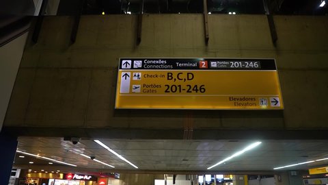 Sao Paulo, State of Sao Paulo, Brazil. November 2020. Airport signal boards to lead people where to go.