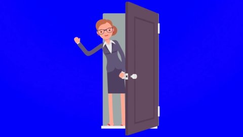 A cartoon woman closing the door, blue screen background.