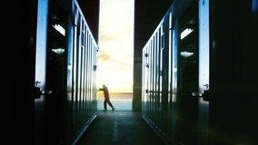 Industrial Warehouse Doors Opening at Sunset With Worker Silhouette - 4K - Powered by Shutterstock - Get 15% off with code: PIKWIZARD15