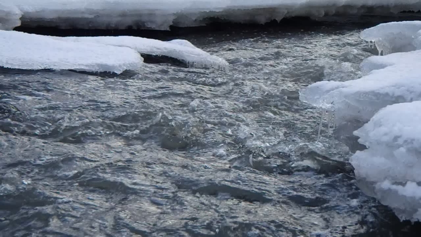 Ice on a river in a snowy woodland in winter