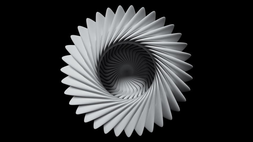3d video loop of abstract black and white art of surreal 3d background with part of a turbine engine or blossom flower with sharp blades in white ceramic in spiral pattern with a hole in the centre Royalty-Free Stock Footage #1063100134