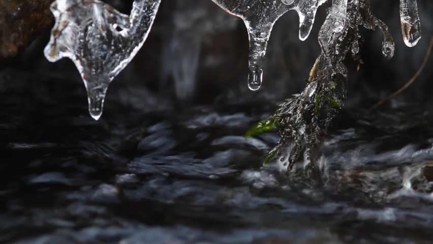 on a frosty day icicles grew over the fast flowing water