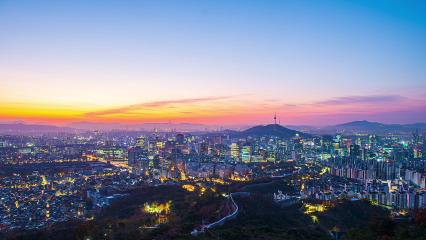 Zoom in,Time lapse Landscape of Seoul City South Korea. In the morning and sunrise on the city. Royalty-Free Stock Footage #1063104430