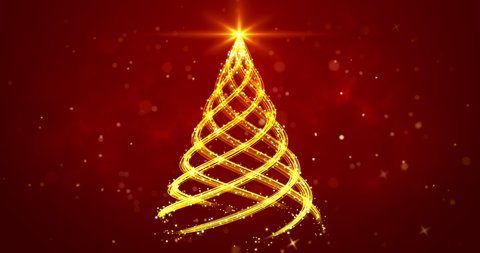 Golden light streaks shaped as Christmas tree on red background. Abstract Xmas tree animation. Winter holiday 4k video background.