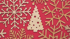Wooden Chtistmas tree and snowflake figures filmed in flat lay style directly from above.Beautiful handmade decorations for winter holidays made from natural eco friendly wood material in 4K ultrahd