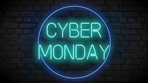 Cyber monday neon sign animation motion graphics on black background lettering letters words sentence flickering