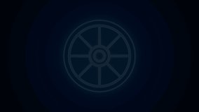 Glowing neon line Old wooden wheel icon isolated on black background. 4K Video motion graphic animation.