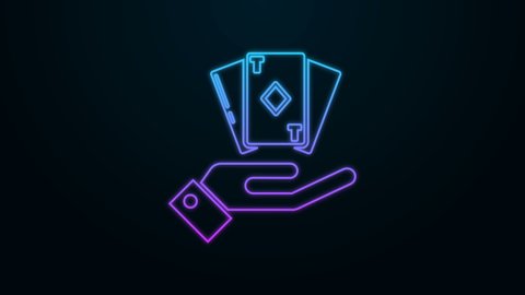 Glowing neon line Hand holding deck of playing cards icon isolated on black background. Casino gambling. 4K Video motion graphic animation
