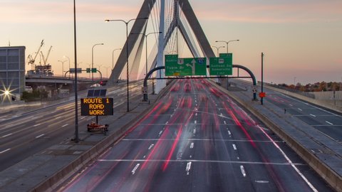 Timelapse traffic on Zakin Bunker Hill Bridge in Boston Massachusetts