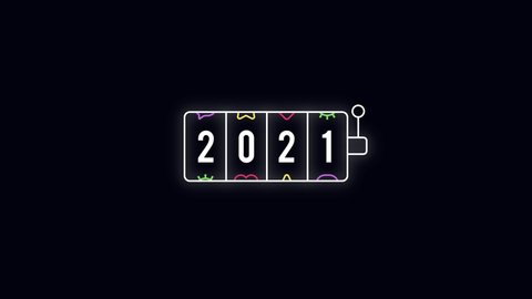 Retro slot machine spinning 2021. Happy new year card. Prize letters. Casino slot machine. The four reels spin. Cartoon game animation. 