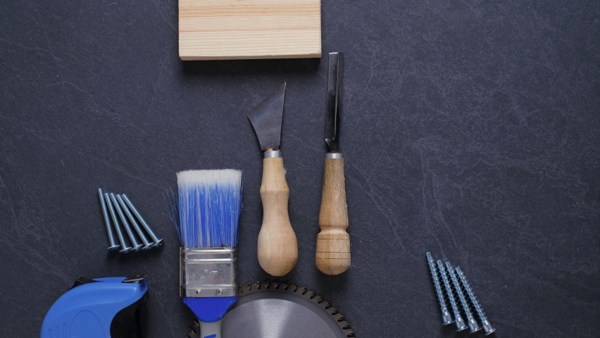 Blue set of work construction tools on the table