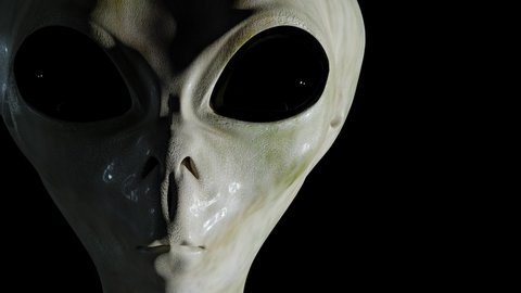 Spooky alien's face and lightning around. 3D rendered animation.