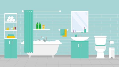 Cartoon Bathroom Animation with foam and bubbles, cool vector flat Bathroom background seamless loop, 4k. Rest and relax concept with space for your text or logo Home and Interior decor.