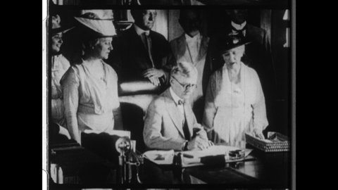 1919 Washington, D.C. Women Suffragist witness the signing of the 19th Amendment which gives Women the Right to Vote. 4K Overscan of Archival 16mm Film Print