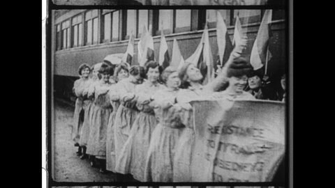 1913 Washington, D.C. Women Suffragists Marching before boarding train en route to  Woman Suffrage Procession. 4K Overscan of 16mm Film Print