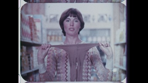 1970s Greensboro, NC. A No Nonsense Pantyhose or hosiery, leg wear TV AD takes place in a  Supermarket. 4K Overscan of 16mm Film from Vintage Television Commercial Advertisement