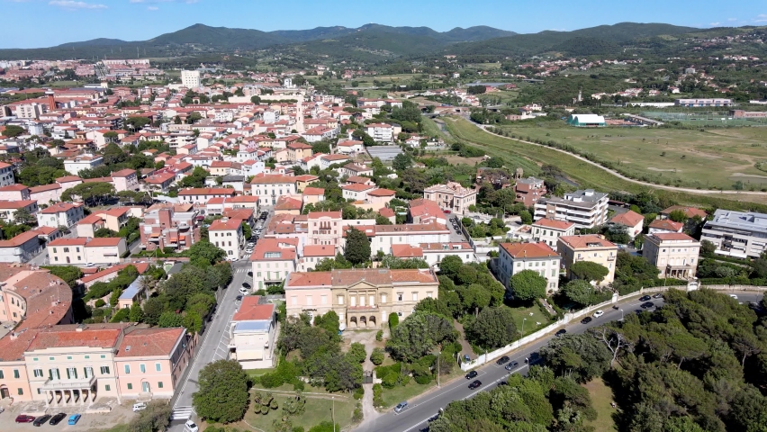 Amazing aerial view of Livorno coastline, Tuscany. Slow motion