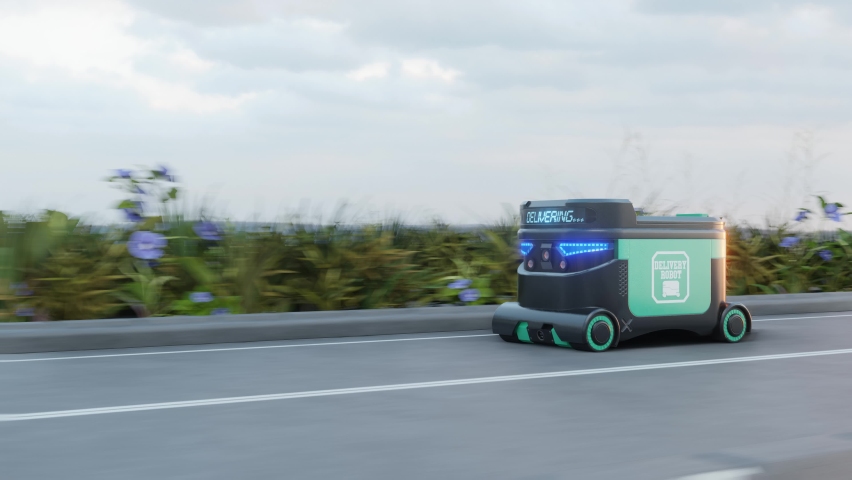 Delivery Robot Food delivery robots may serve homes in near future. AGV intelligent robot.3d rendering Royalty-Free Stock Footage #1063142902