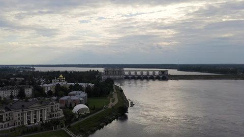 Uglich, Russia. Uglich hydroelectric power station on the Volga river in the Yaroslavl region. Part of the Volga-Kama cascade of hydroelectric power plants, Aerial View