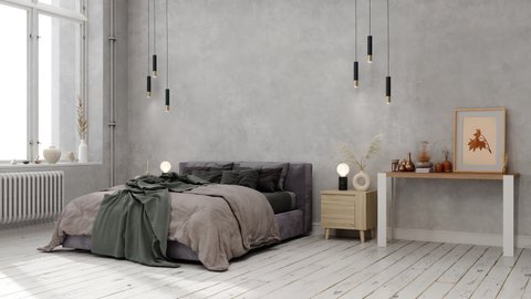 3d Rendering of Bedroom Interior With Green Blanket On The Bed, Pendant Lights, Parquet Floor And Gray Color Wall Background